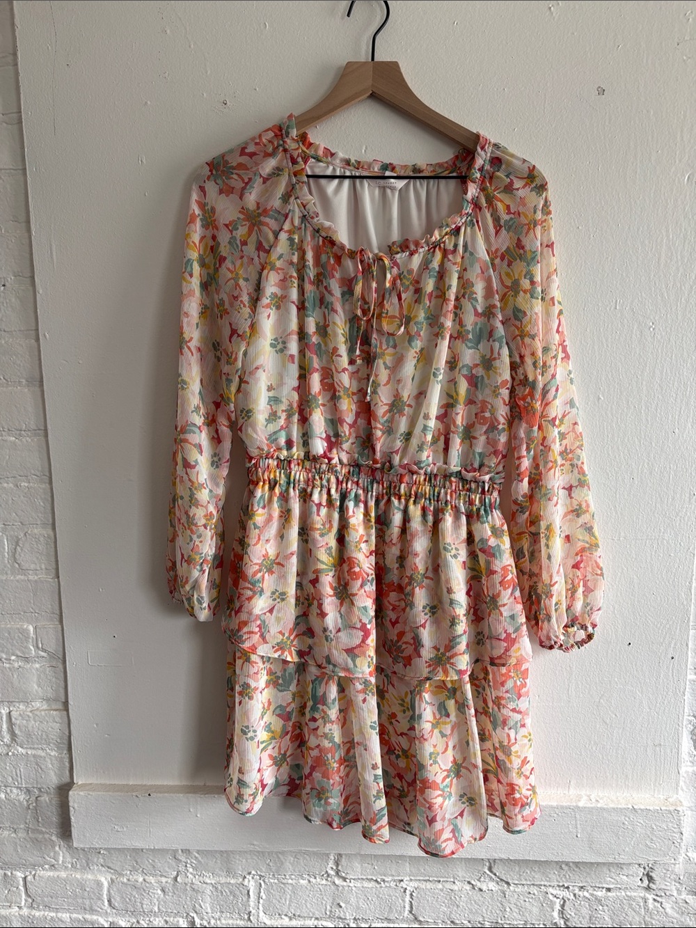 LC Lauren Conrad Floral Peasant Mini Dress in Cream with Pink & Peach